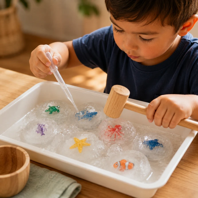 Little boy playing with ice