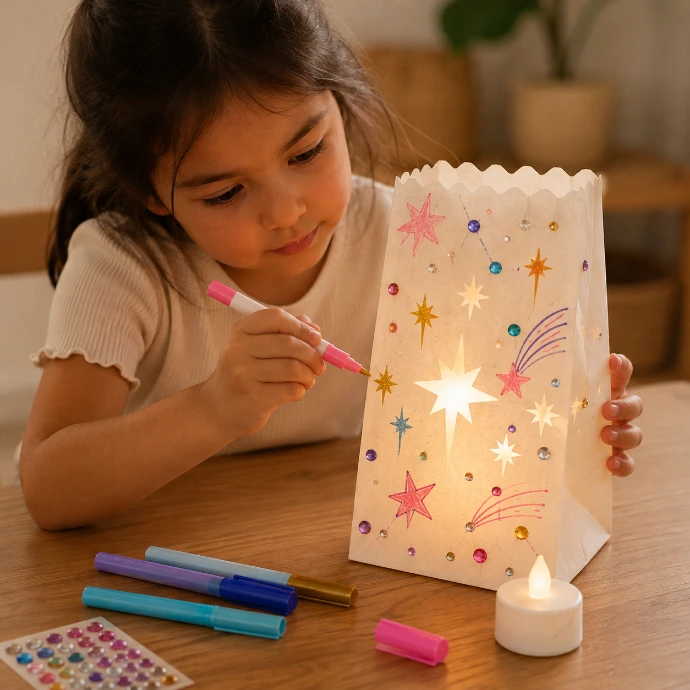 Little girl drawing on a paper bag