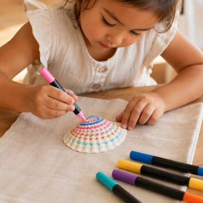 Little girl drawing on sea shell