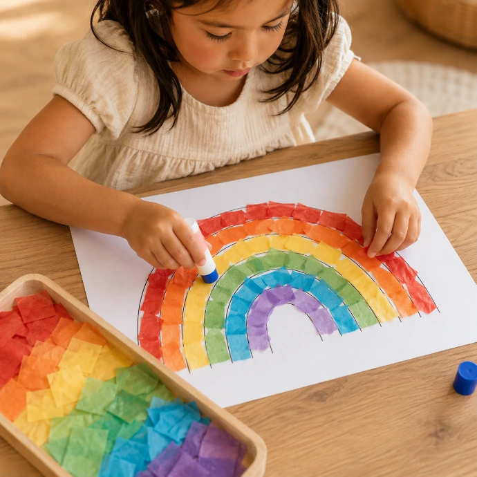 Little girl creating a rainbow with paper